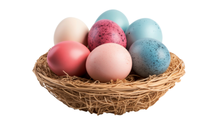 easter eggs in a basket of straw isolated