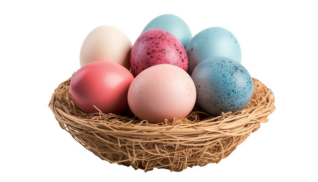 easter eggs in a basket of straw isolated