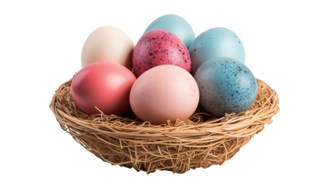 easter eggs in a basket of straw isolated - Powered by Adobe