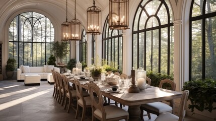 Enormous dining room with arched windows, Luxury.