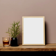 Fototapeta na wymiar minimal wood picture frame on wooden shelf with aroma candle