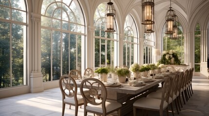 Fototapeta premium Enormous dining room with arched windows, Luxury.