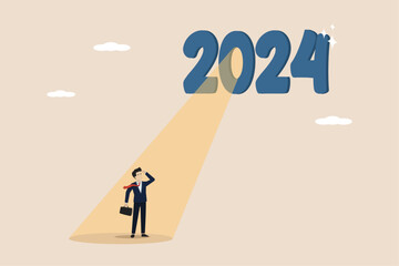 Vision of future success, business prospects in 2024, planning or forecasting, new year achievement targets, smart business people see the light of success in 2024.