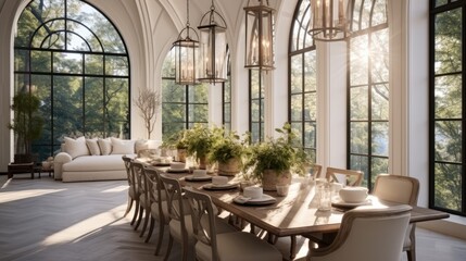 Naklejka premium Enormous dining room with arched windows, Luxury.