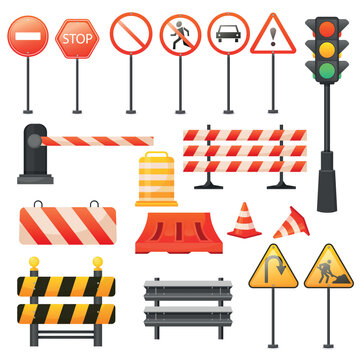 Vector cartoon image of traffic signs. Concept of warning signals for pedestrians and drivers. Safety for children. Elements for your design.