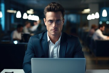 Obraz premium Attractive man in glasses is sitting at workplace in office.
