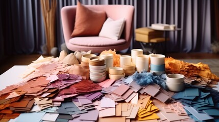 An eclectic and messy assortment of fabric swatches, Paint chips and material samples used in interior design.