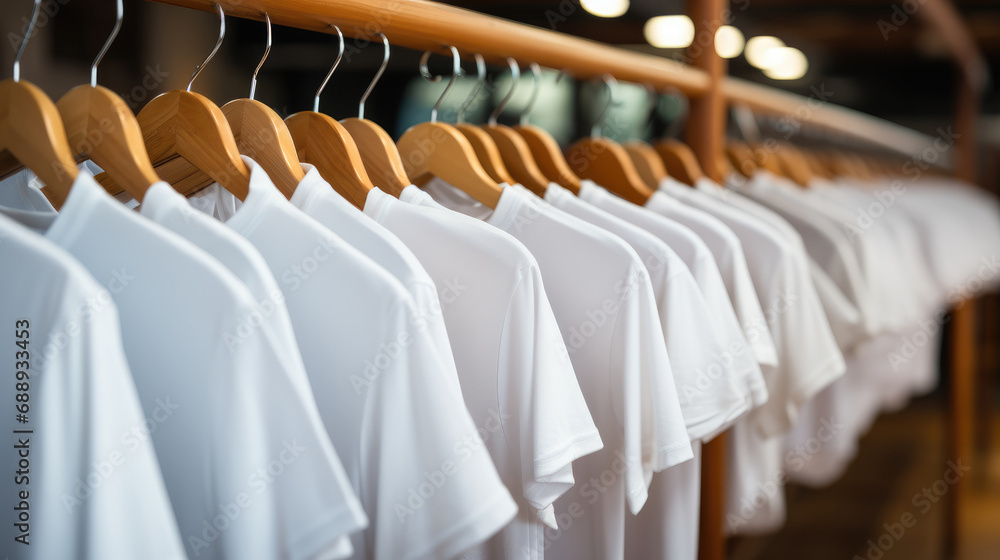 Wall mural Close up of white t-shirts on hangers.