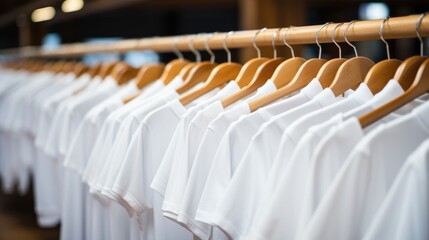 Close up of white t-shirts on hangers.