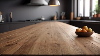 Empty wooden tabletop,  view of modern kitchen interior with copy space. Generative AI.