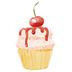 Cherry cupcake water color painting.