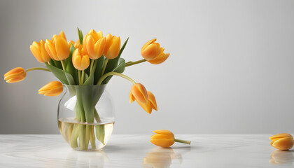 Beautiful bouquet of golden tulips in glass vase on white marble table