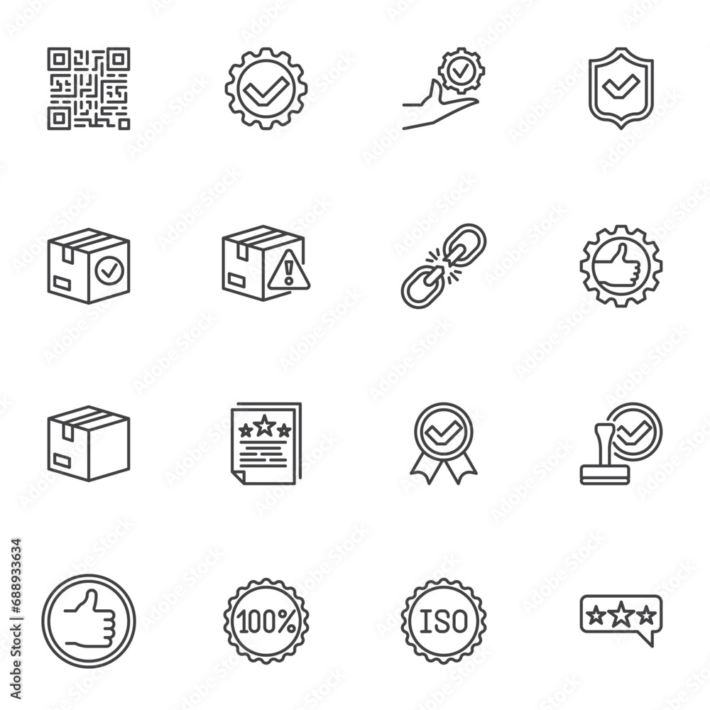 Poster quality control line icons set