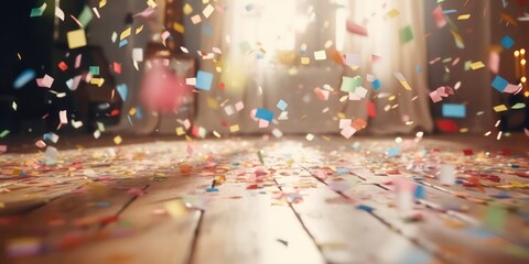 After the joyous  birthday bash or a splendid wedding celebration, the floor becomes a canvas adorned with the remnants of revelry confetti. - obrazy, fototapety, plakaty