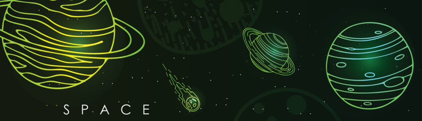 Colorful vector background with hand drawn doodles cartoon set of planets and symbols. Space modern background design.