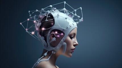Background for a science fiction article. Cyborg man. The girl and the man are half robots. A helmet connected to artificial intelligence. Robot head. AI.