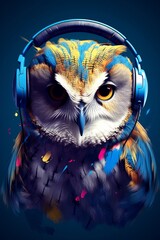 Abstract painting concept. Colorful art of an owl with headphones. Animals. Generative AI