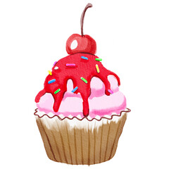 Strawberry Cupcake with cherry on top ,water color painting.