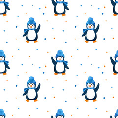 Seamless vector pattern with cute waving penguin in hat and scarf in winter. Endless pattern for textiles or fabric for newborns.