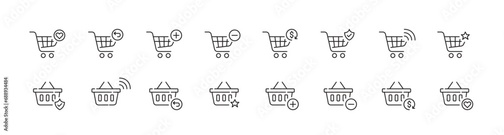 Poster shopping carts and basket actions. add to favorites, delete, checkout and secure connection. pixel p