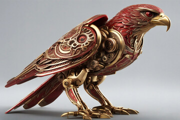 a red and gold eagle cyborg digital art highly detailed