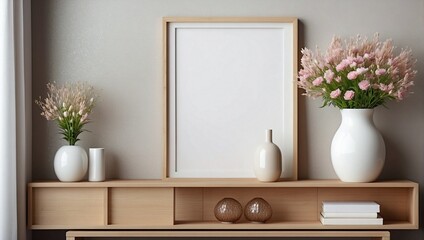Stylish living room interior design with poster frame empty mockup. Generative AI