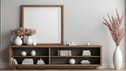 Stylish living room interior design with poster frame empty mockup. Generative AI