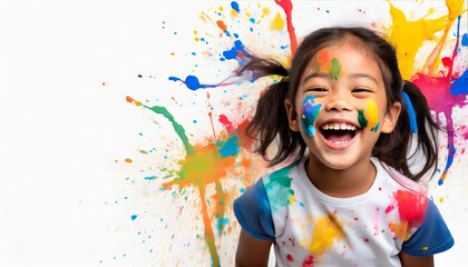 Close-up shot of a laughing, happy, cute little girl with splashes of paint on her face