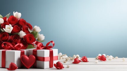 Valentine's Day blank space with gift boxes, roses, red heart, background generative ai.