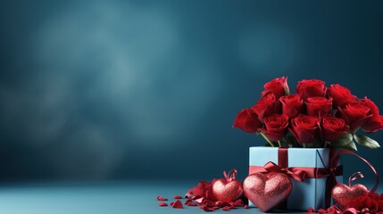 Valentine's Day blank space with gift boxes, roses, red heart, background generative ai.