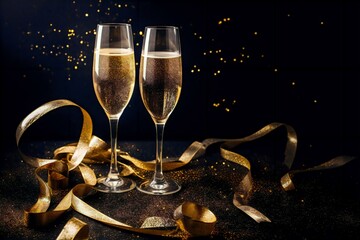 two glasses of champagne with golden ribbon on dark background with space for text, champagne glasses on celebration background with copy space, champagne glasses with copy space, champagne glasses