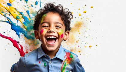Close-up shot of a laughing, happy, cute little boy with splashes of paint on his face