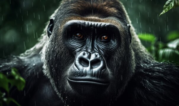 Close-up of a gorilla in the rain forest. Wildlife animals. Generative AI
