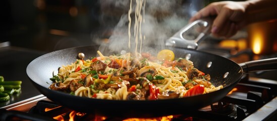 Professional chef cooking vegetarian Italian pasta with mushrooms and cream on modern gas stove in wok pan.