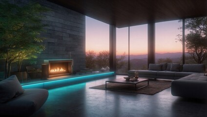 Modern Living Room with Breathtaking Forest Views. Generative AI