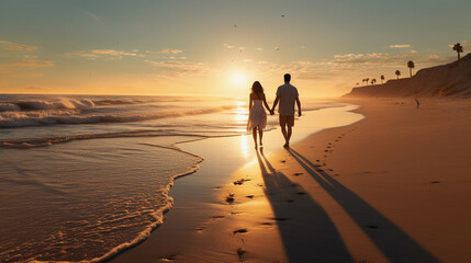 Fototapeta na wymiar Couple Walking Hand-in-Hand on Sunset Beach