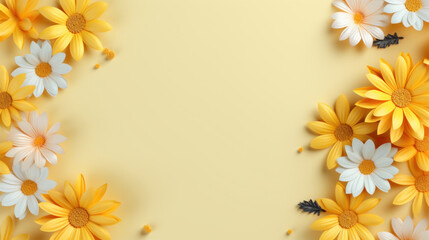 Flowers composition. Frame made of yellow and white daisies on yellow background. Flat lay, top view, copy space