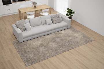 Dining room and living room with furniture in high angle. 3d rendering of interior background.