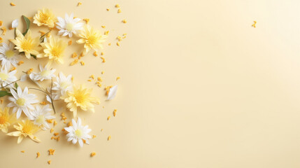 Flowers composition. White chrysanthemums and petals on pastel yellow background. Flat lay, top view, copy space