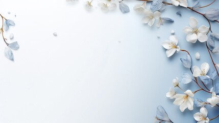 Spring flowers on blue background. Flat lay, top view, copy space