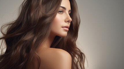 Beautiful young woman with long curly hair. Perfect skin. Beauty face. Picture taken in the studio.