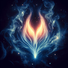 Orange and blue flame. Twin flame logo. Esoteric concept of spiritual love. Illustration on black background for web sites, wallpapers, and much more. Created using generative ai tools