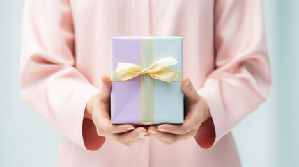 Woman hands holding a gift box on white background, close up.