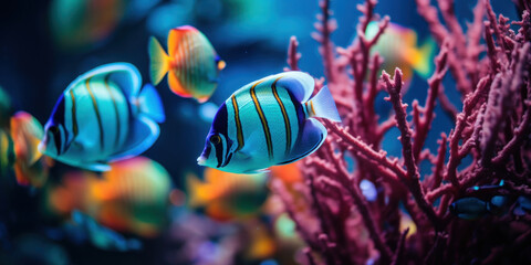 Obraz na płótnie Canvas Colorful tropical fish swimming in the aquarium. Underwater world.