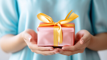 Woman holding gift box, closeup. Present for Valentine's Day