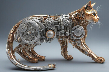 a cat cyborg digital art made out of gears and wheels