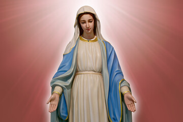 Closeup of Beautiful Statue of Our lady of grace virgin Mary view with blurred bright Golden Rose background in the church, Thailand. selective focus.