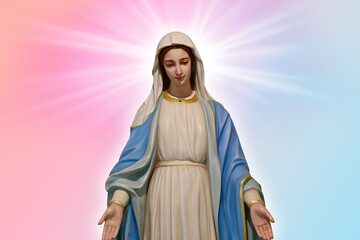 Statue of Our lady of grace virgin Mary with beautiful Sky Pastel with abstract colored background and wallpaper in sweet color. at Thailand.