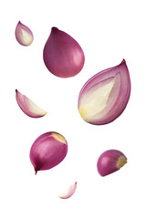Flying red onions on transparent background png