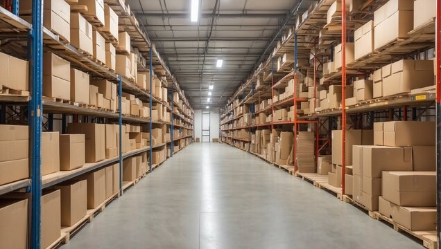 Rows of shelves with boxes in modern warehouse. Generative AI.